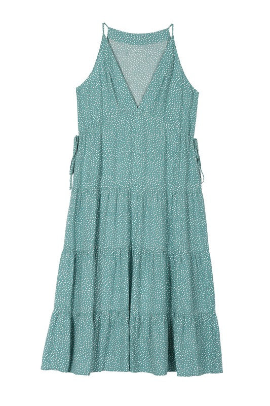 LILOU Green Polka Dot Dress with Small waist-illusion Side Tie