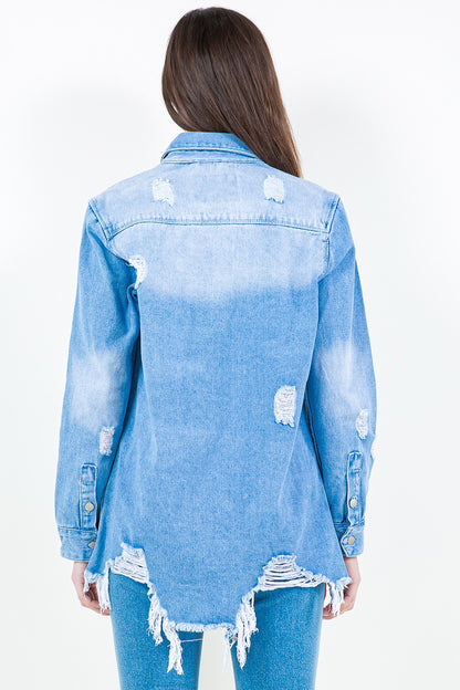 AMERICAN BAZI Frayed Hem Distressed Denim Shirt Jacket