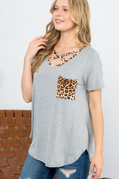 E LUNA Solid Color & Animal Print Decor Basic Top