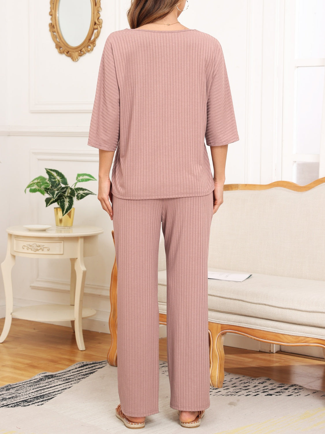 A&D Ribbed Half Sleeve Top and Pocketed Pants Lounge Set