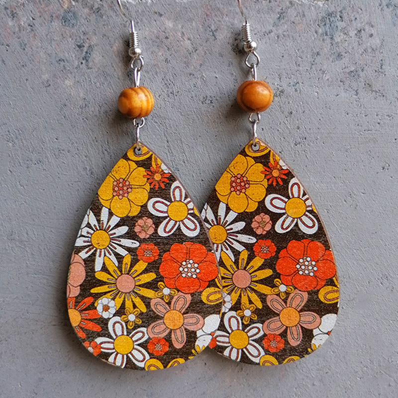 Printed Wooden Teardrop Earrings