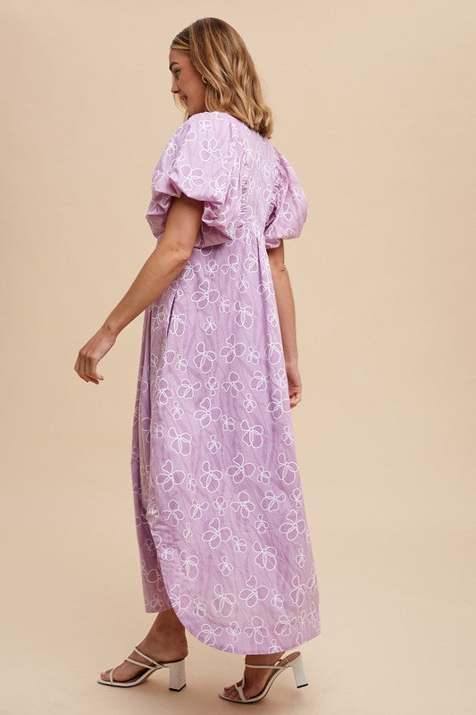 Annie Wear Women's Light Purple Floral Smock Detail Puff Sleeve Dress