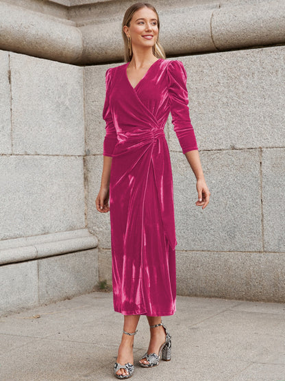 MDML Surplice Puff Sleeve Midi Velvet Dress