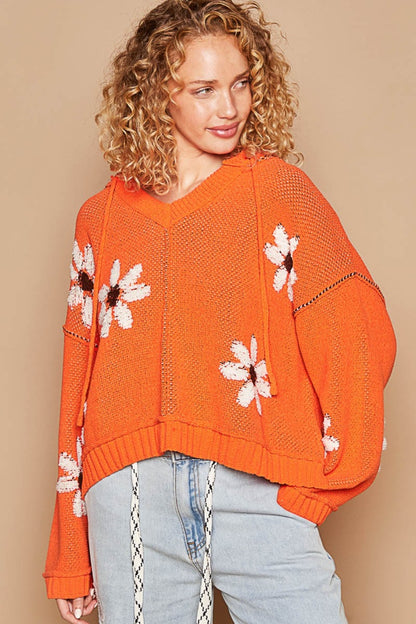 POL Orange Floral Pattern Hooded High-Low Sweater