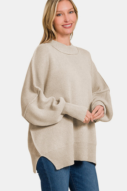 ZENANA Beige Side Sit Oversize Sweater