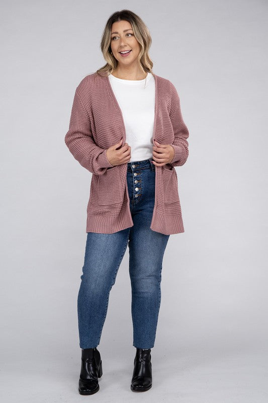 ZENANA Plus Low Gauge Waffle Open Cardigan Sweater