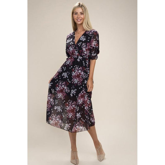 NUVI APPAREL Floral Print  V Neck Maxi Dress