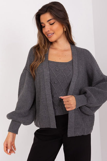 BADU Grey Twinset Sweater Top & Balloon Sleeves Open Cardigan-model 189323