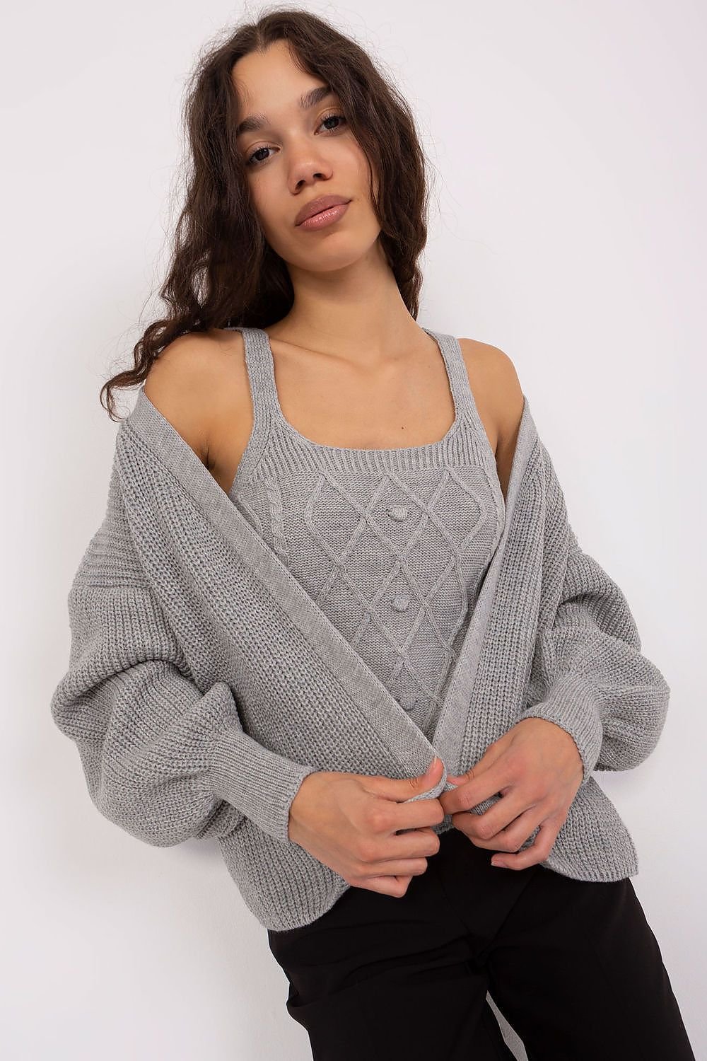 BADU Grey Twinset Sweater Top & Balloon Sleeves Open Cardigan-model 189323