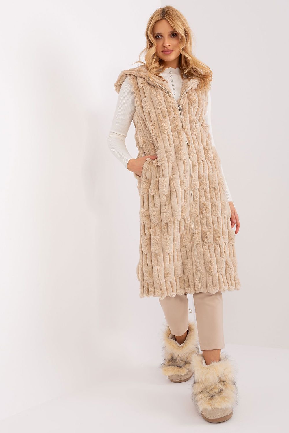 AT European Textured Plush Calf-length Hooded Vest/Gilet