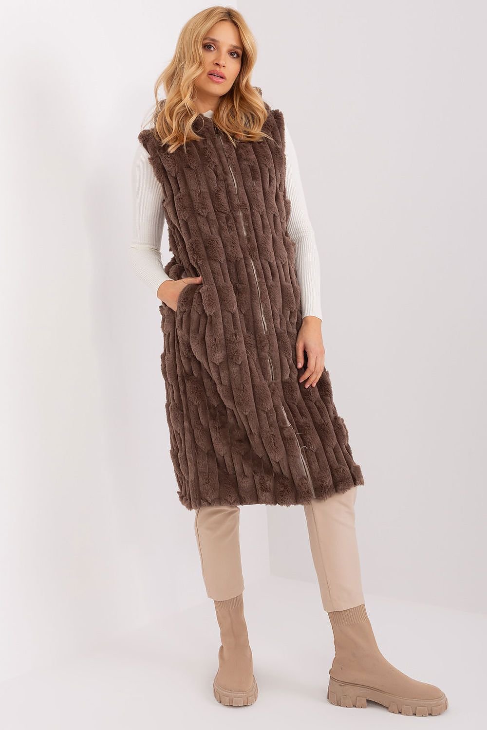 AT European Textured Plush Calf-length Hooded Vest/Gilet