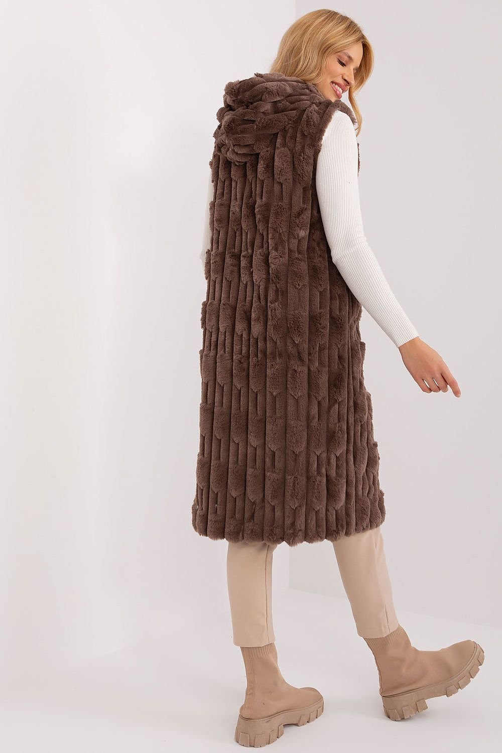 AT European Textured Plush Calf-length Hooded Vest/Gilet