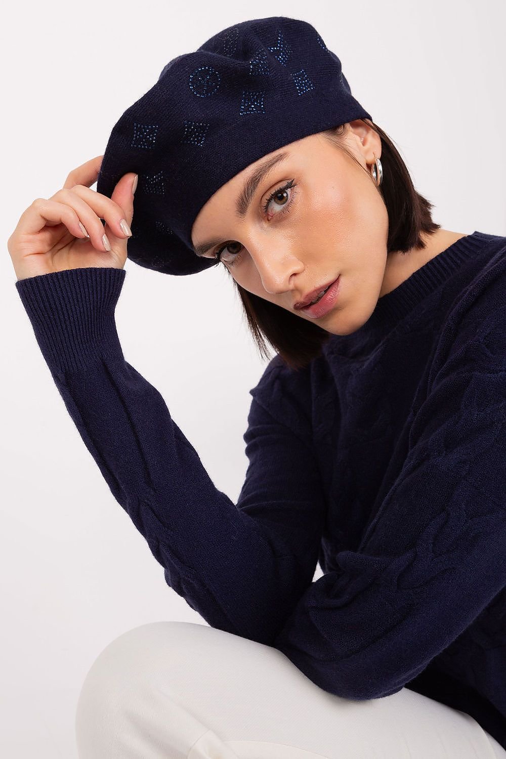 A.T. Knitted European Beret with Rhinestone Application