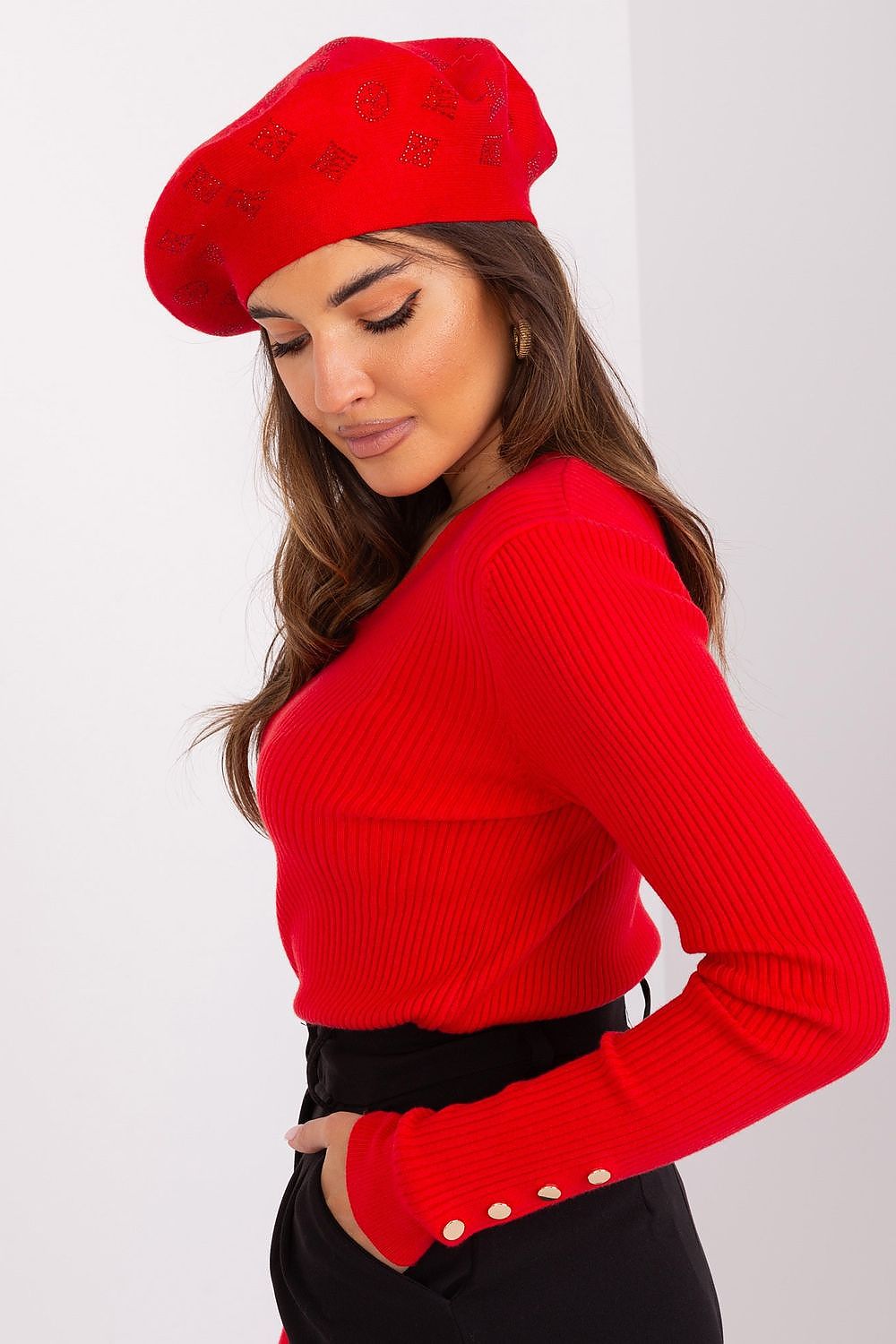 A.T. Knitted European Beret with Rhinestone Application