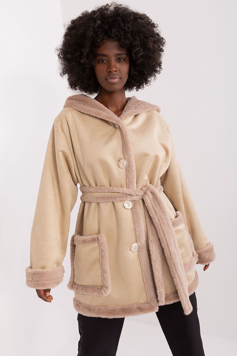 LAKERTA Soft European Plush Hooded Coat with Decor Belt