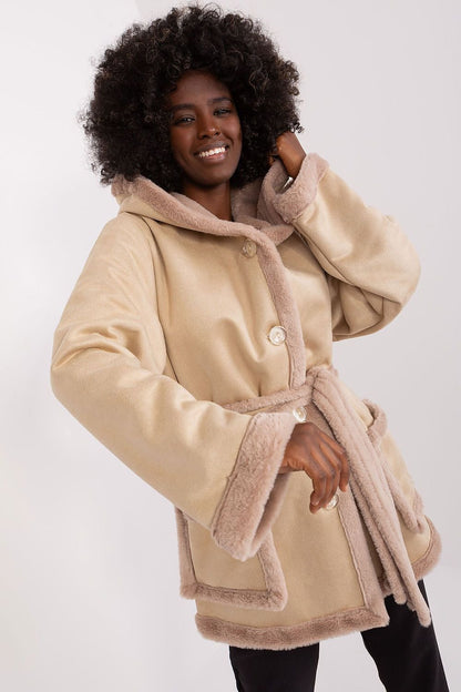 LAKERTA Soft European Plush Hooded Coat with Decor Belt