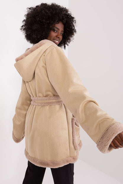 LAKERTA Soft European Plush Hooded Coat with Decor Belt