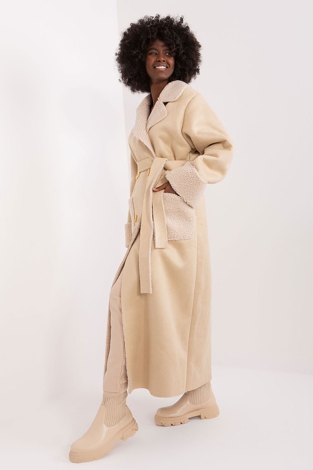 LAKERTA European Belted Ankle-length Coat with Fur Collar and Wrist