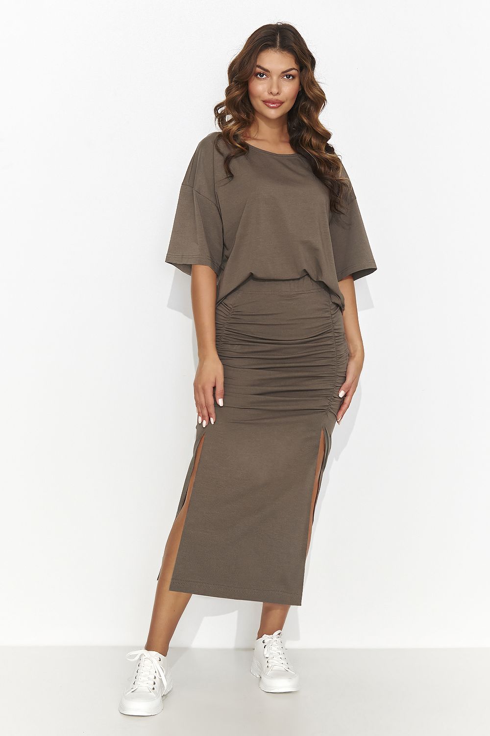 NUMINOU 2 Piece Casual European 2 Slit Skirt & Top Set