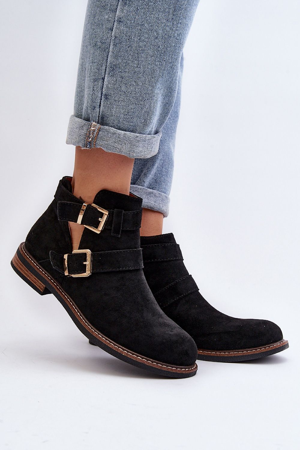 STEP IN STYLE Classic European Eco-Suede Flat Ankle Boots with Strap Buckles