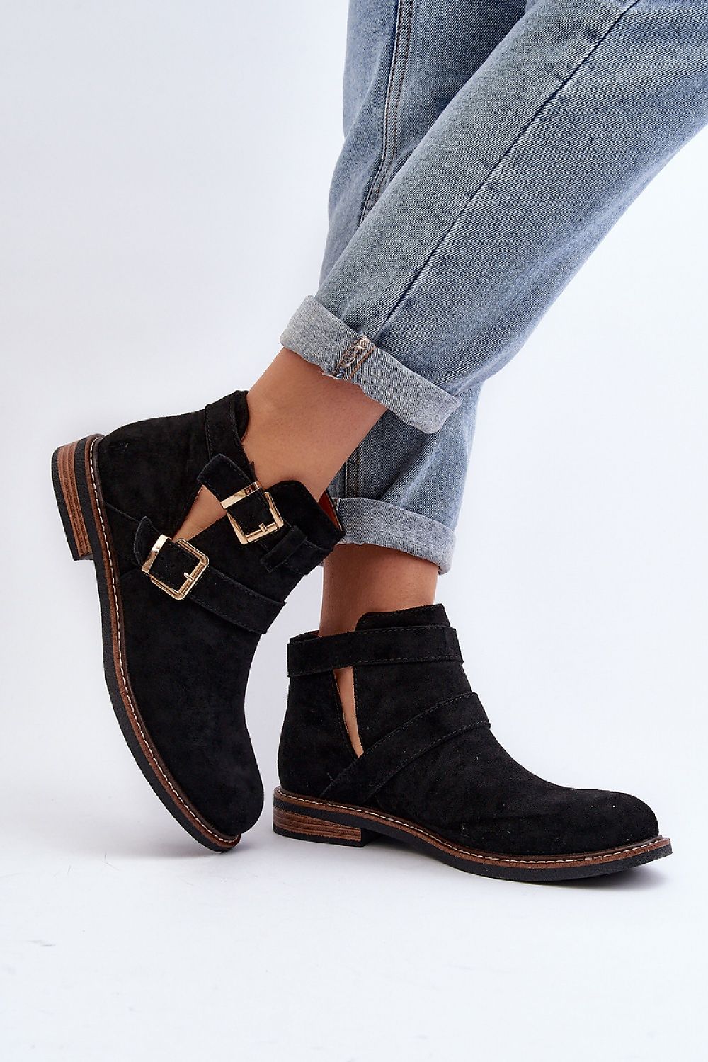 STEP IN STYLE Classic European Eco-Suede Flat Ankle Boots with Strap Buckles