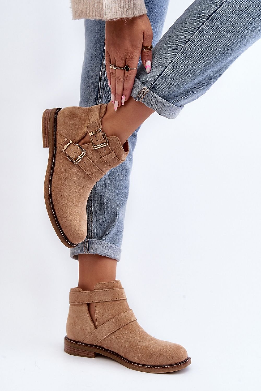 STEP IN STYLE Classic European Eco-Suede Flat Ankle Boots with Strap Buckles