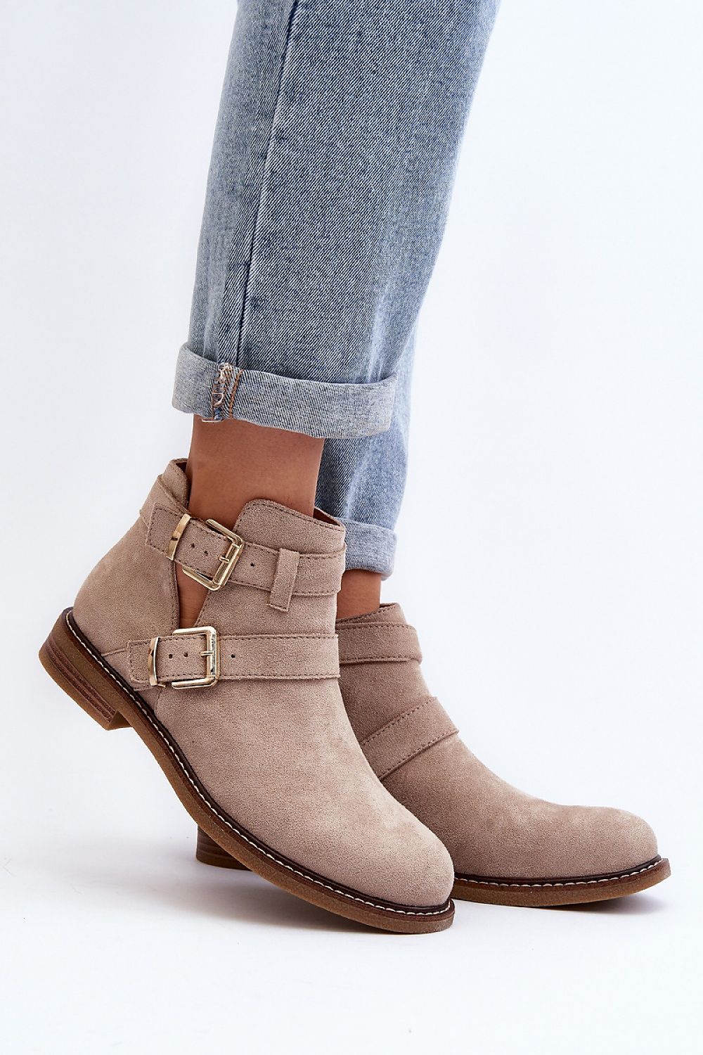 STEP IN STYLE Classic European Eco-Suede Flat Ankle Boots with Strap Buckles