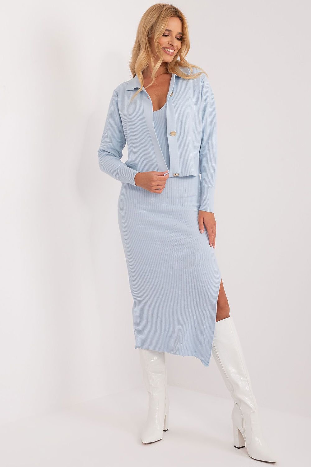 BADU 2 Piece European Ribbed Sweater Dress and Cardigan Set