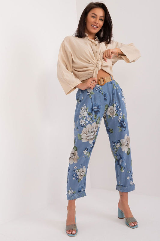 Italy Moda Women's Casual High-waisted Spring Cotton Flower Trousers