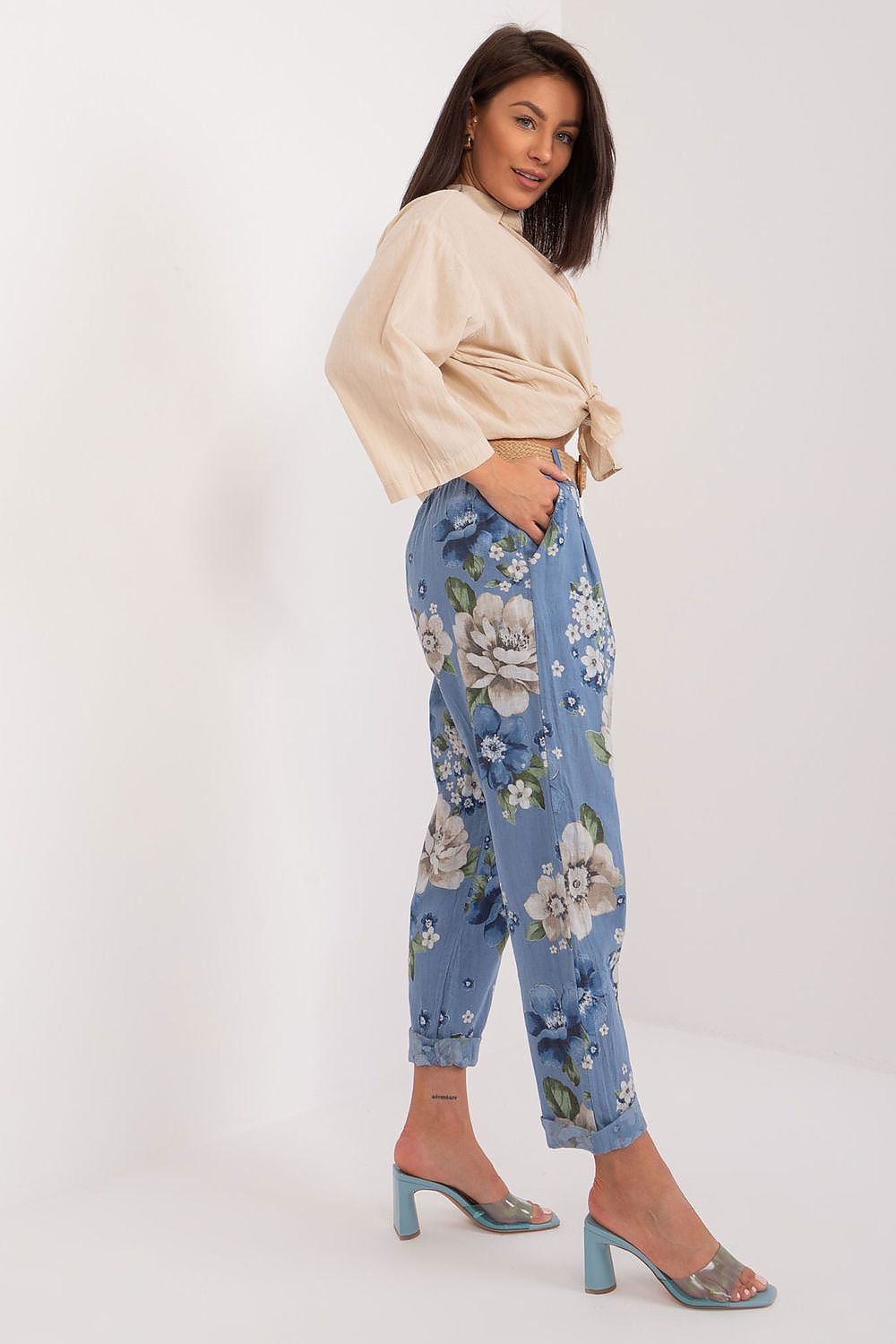 Italy Moda Women's Casual High-waisted Spring Cotton Flower Trousers