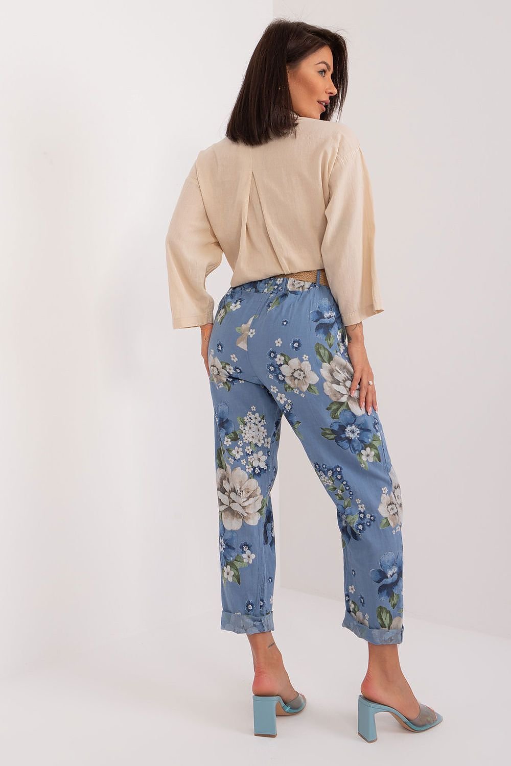 Italy Moda Women's Casual High-waisted Spring Cotton Flower Trousers