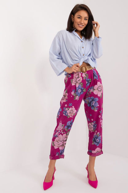 Italy Moda Women's Casual High-waisted Spring Cotton Flower Trousers