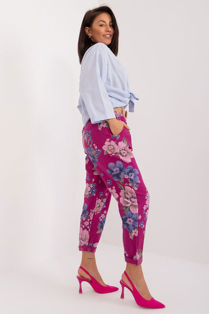 Italy Moda Women's Casual High-waisted Spring Cotton Flower Trousers