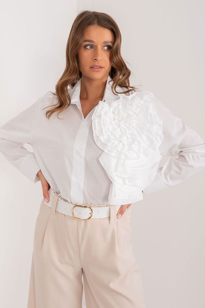 Lakerta Women's Stylish Elegant European-made Long Sleeves Buttoned Collar Shirt with Floral Decor