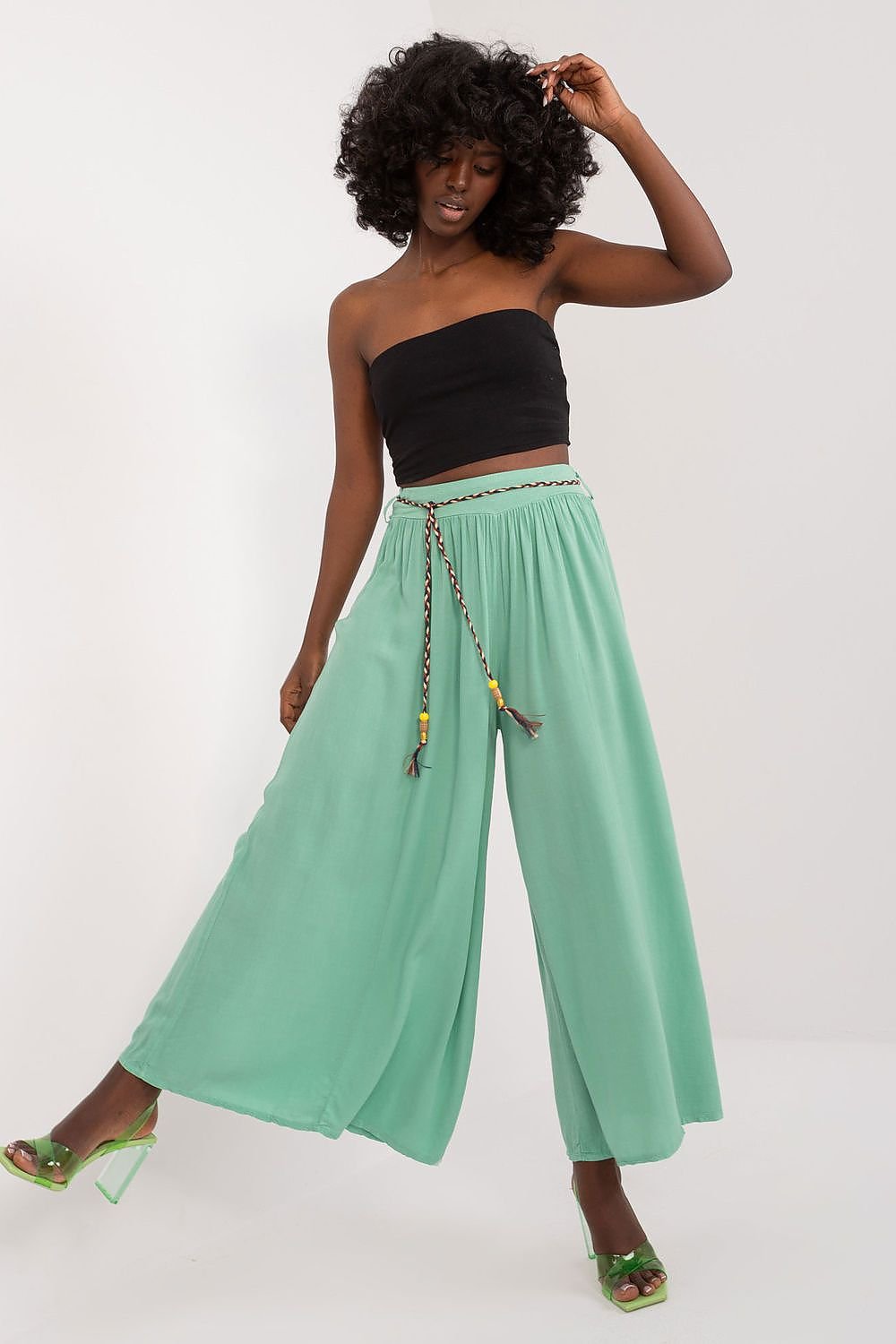 Och Bella Women High-waisted Viscose Wide-leg Pants with Decorative Belt- European Brand