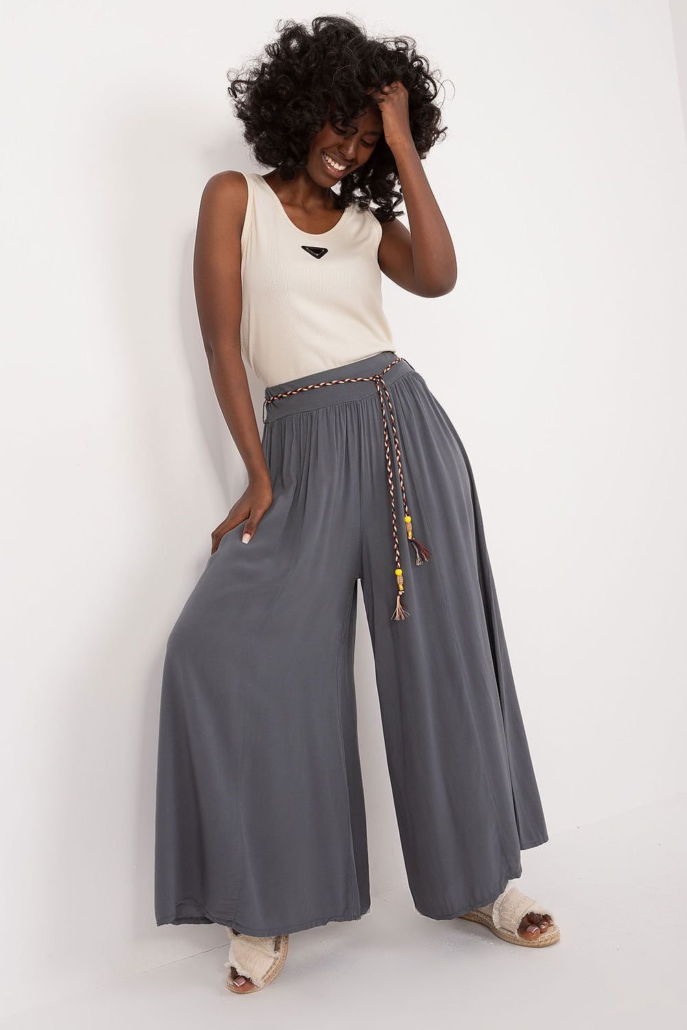 Och Bella Women High-waisted Viscose Wide-leg Pants with Decorative Belt- European Brand