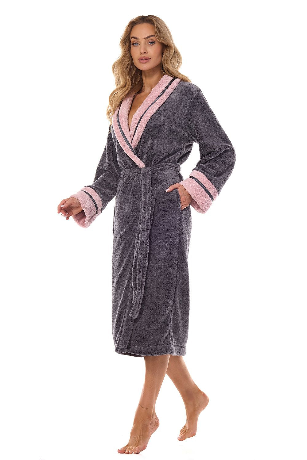 L&L Collection Grey/pink Soft Plush European Bathrobe