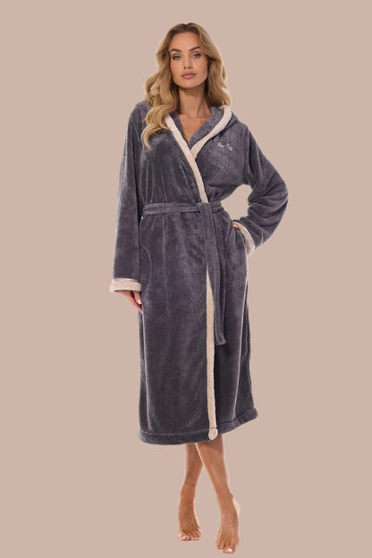 L&L COLLECTION Hooded Grey Plush European Bathrobe- Up to 2XL