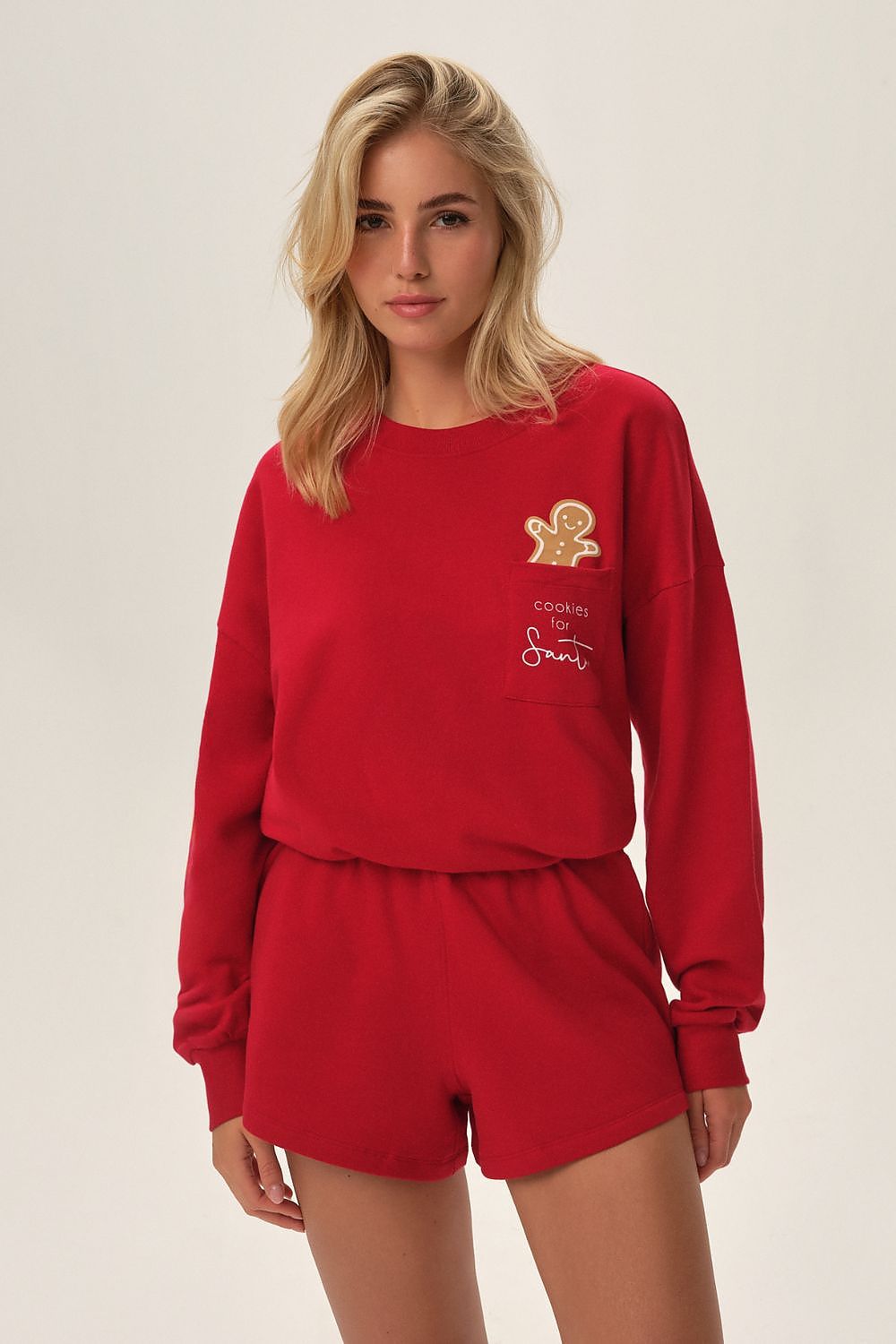 HENDERSON 2 Piece Red Gingerbread European Christmas Pajama Set with Shorts and Sweats