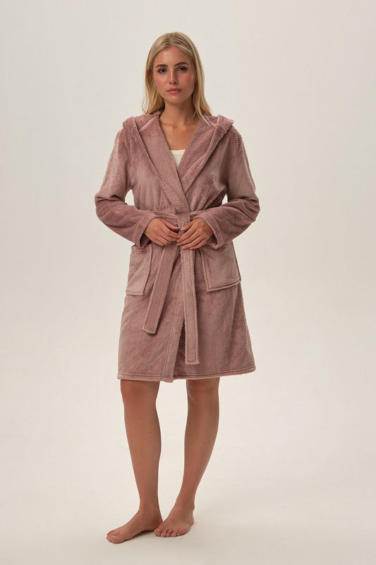 HENDERSON Pink Plush Hooded European Bathrobe with Belt