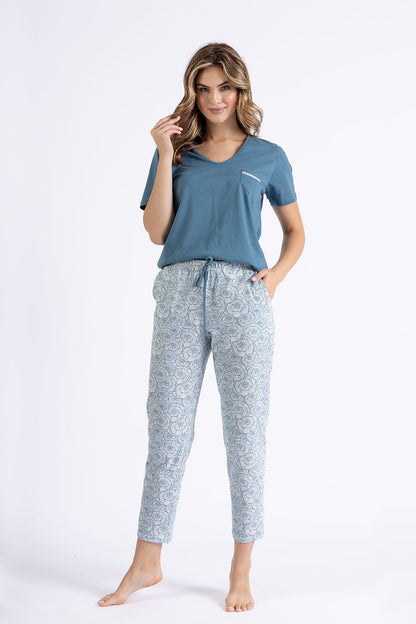 M-MAX 2 Piece Blue-green European Pajama Set with Short sleeves Top & Floral Print Pants