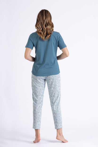 M-MAX 2 Piece Blue-green European Pajama Set with Short sleeves Top & Floral Print Pants