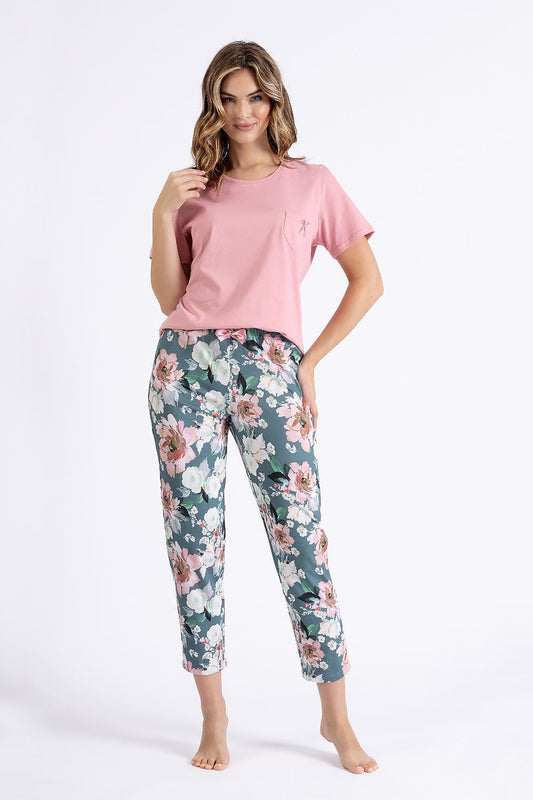 M-MAX 2 Piece Spring European Pajama Set with Blush Short sleeves Top & Floral Plants