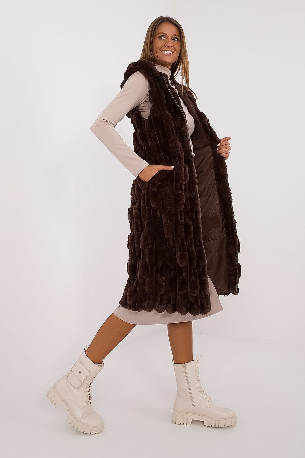 AT European Textured Plush Calf-length Hooded Vest/Gilet