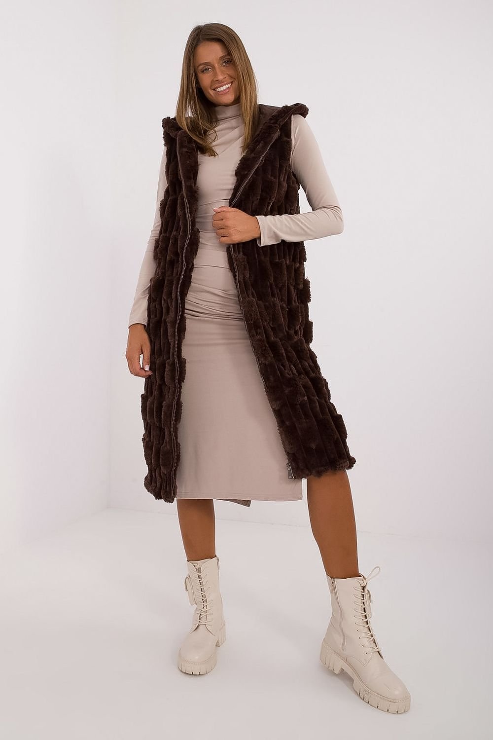 AT European Textured Plush Calf-length Hooded Vest/Gilet