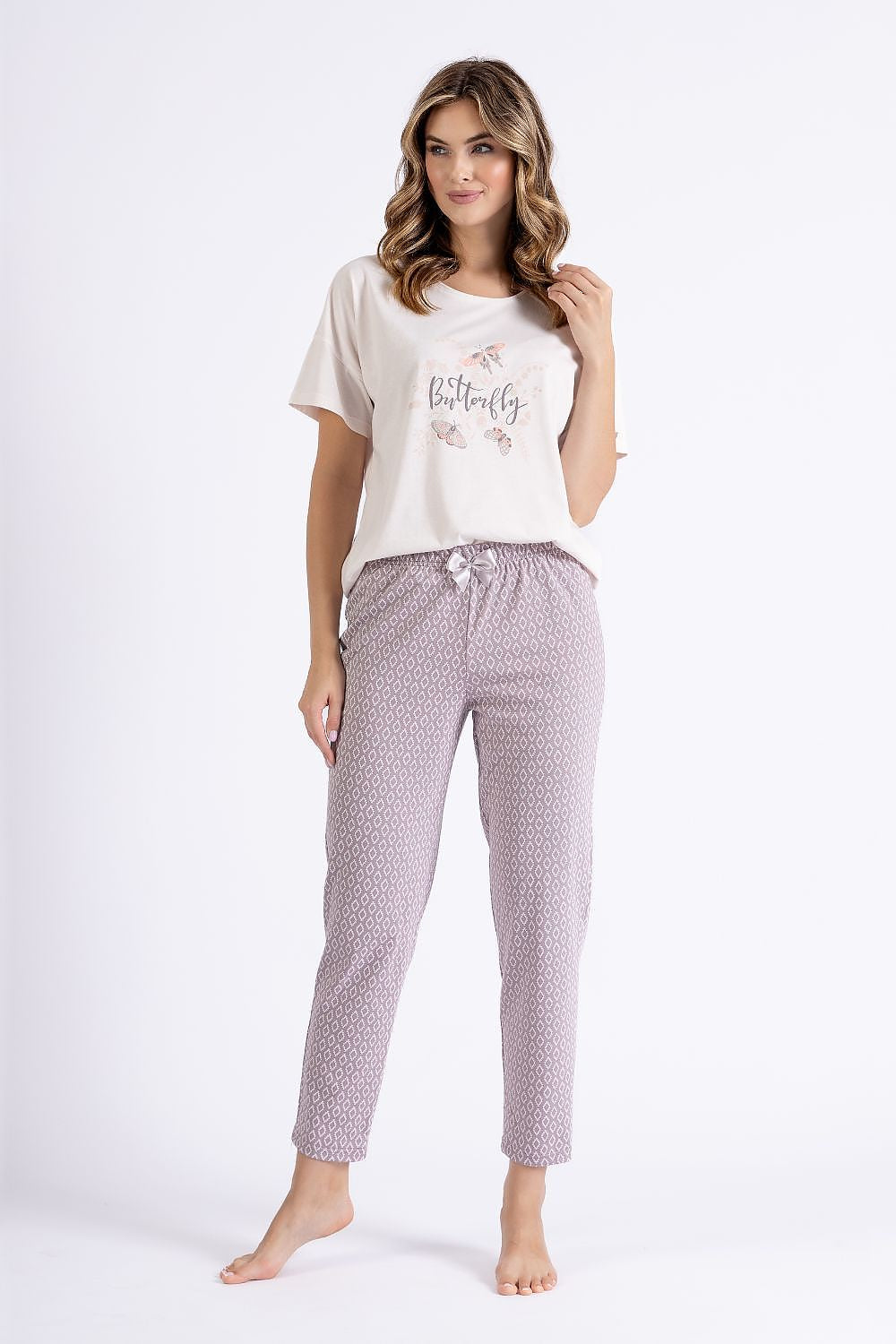 M-MAX 2 Piece European Pajama Set with "Butterfly" Graphic Short sleeves Top and Printed Pants