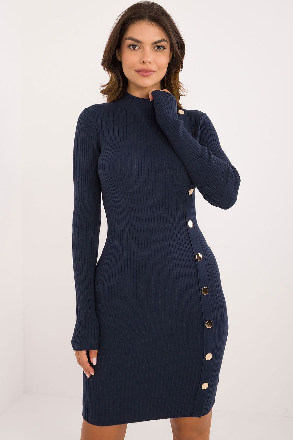 A.T. European Women's Viscose Sweater Dress with Gold Button Details