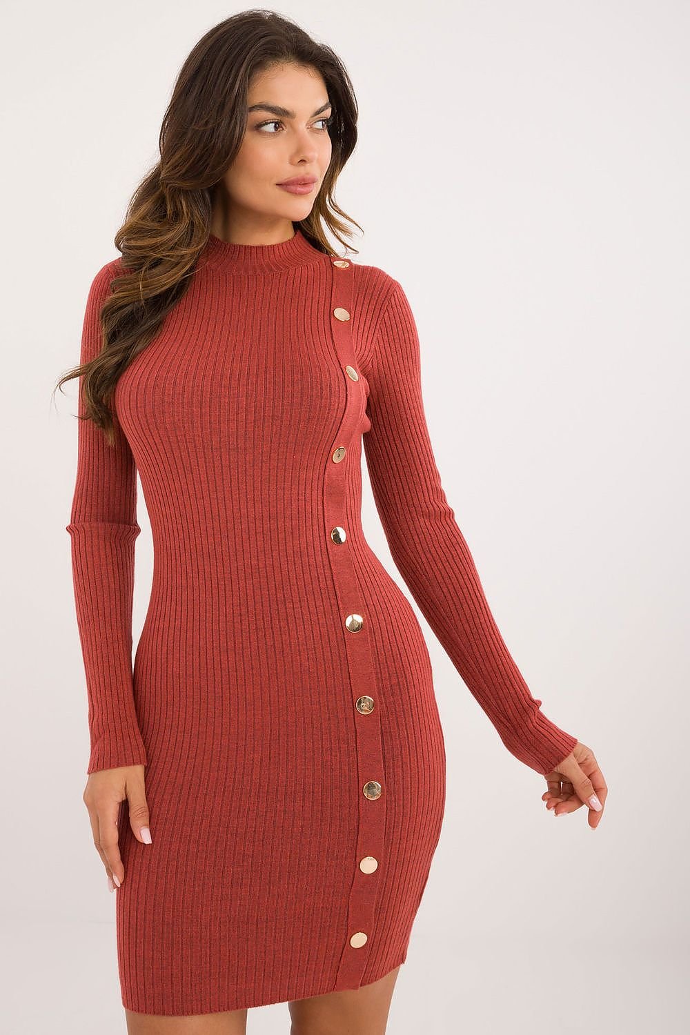 A.T. European Women's Viscose Sweater Dress with Gold Button Details