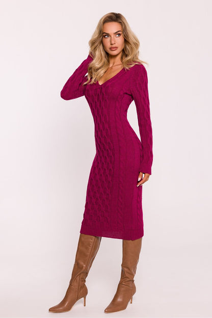 MOE Women's European Long Sleeves Textured Bodycon Sweater Dress with V-Neckline