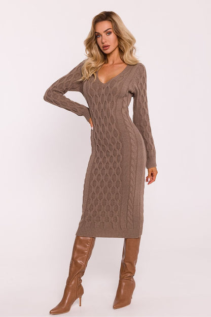 MOE Women's European Long Sleeves Textured Bodycon Sweater Dress with V-Neckline